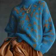 Swetry damskie - TEMU Damski Sweter z Wysokim Kołnierzem, Długi Rękaw, Kolorowy Print Leopard, Wszechstronna Wiosenna Bestseller, Modna i Uniwersalna Streetwear, - miniaturka - grafika 1