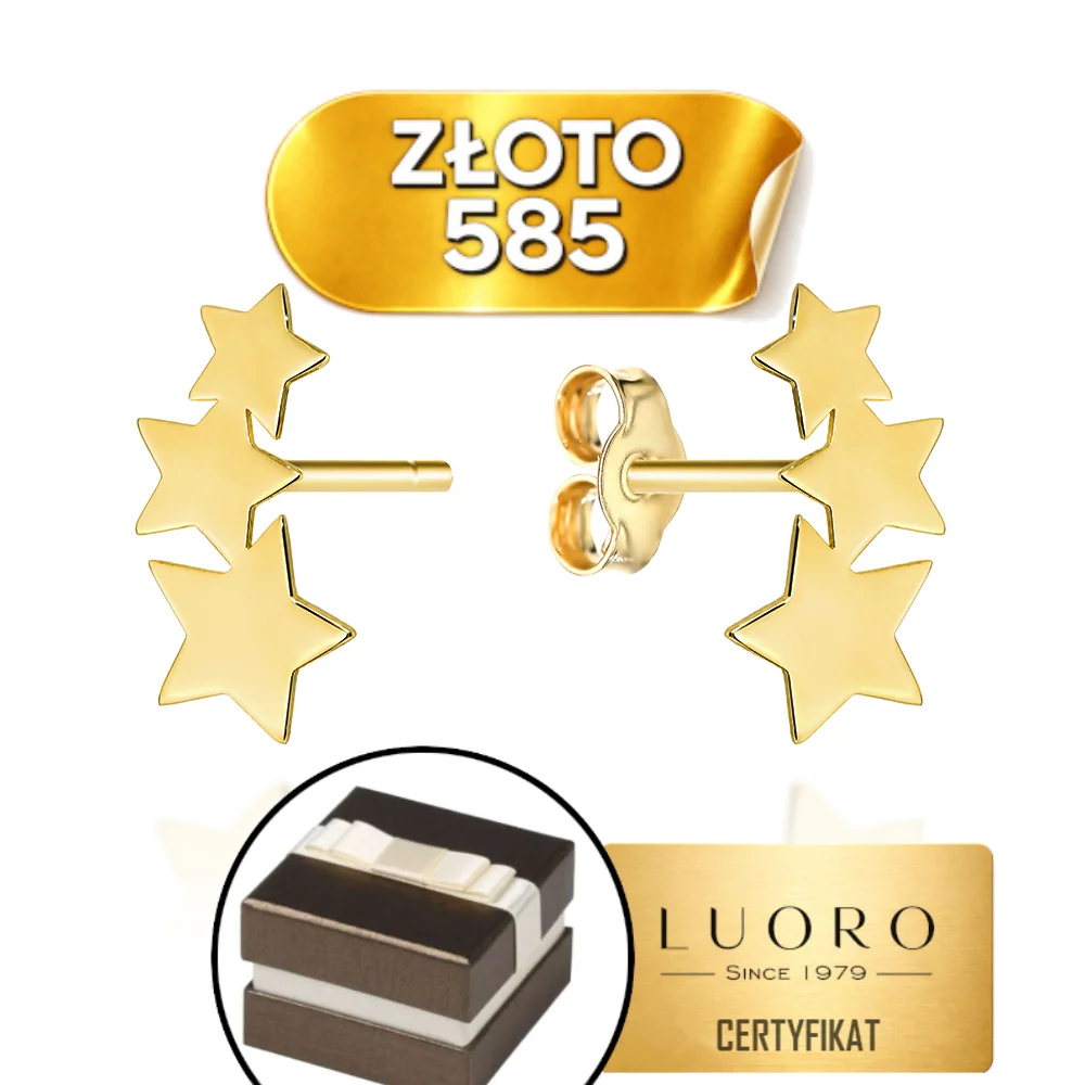 KOLCZYKI ZŁOTE 585 14K POTRÓJNE GWIAZDKI GŁADKIE 1,3 CM ELEGANCKIE