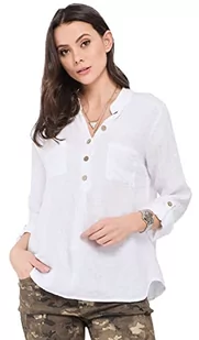Bonateks damska top 100% lniana tunika Made in Italy, bluzka z dekoltem tunezyjskim z kieszeniami z przodu, biała, rozmiar: XL, biały, XL - Bluzki damskie - miniaturka - grafika 1