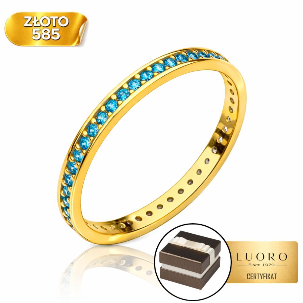 PIERŚCIONEK ZŁOTY 585 14K Z BŁĘKITNYMI KAMIENIAMI MATOWY DELIKATNY R09
