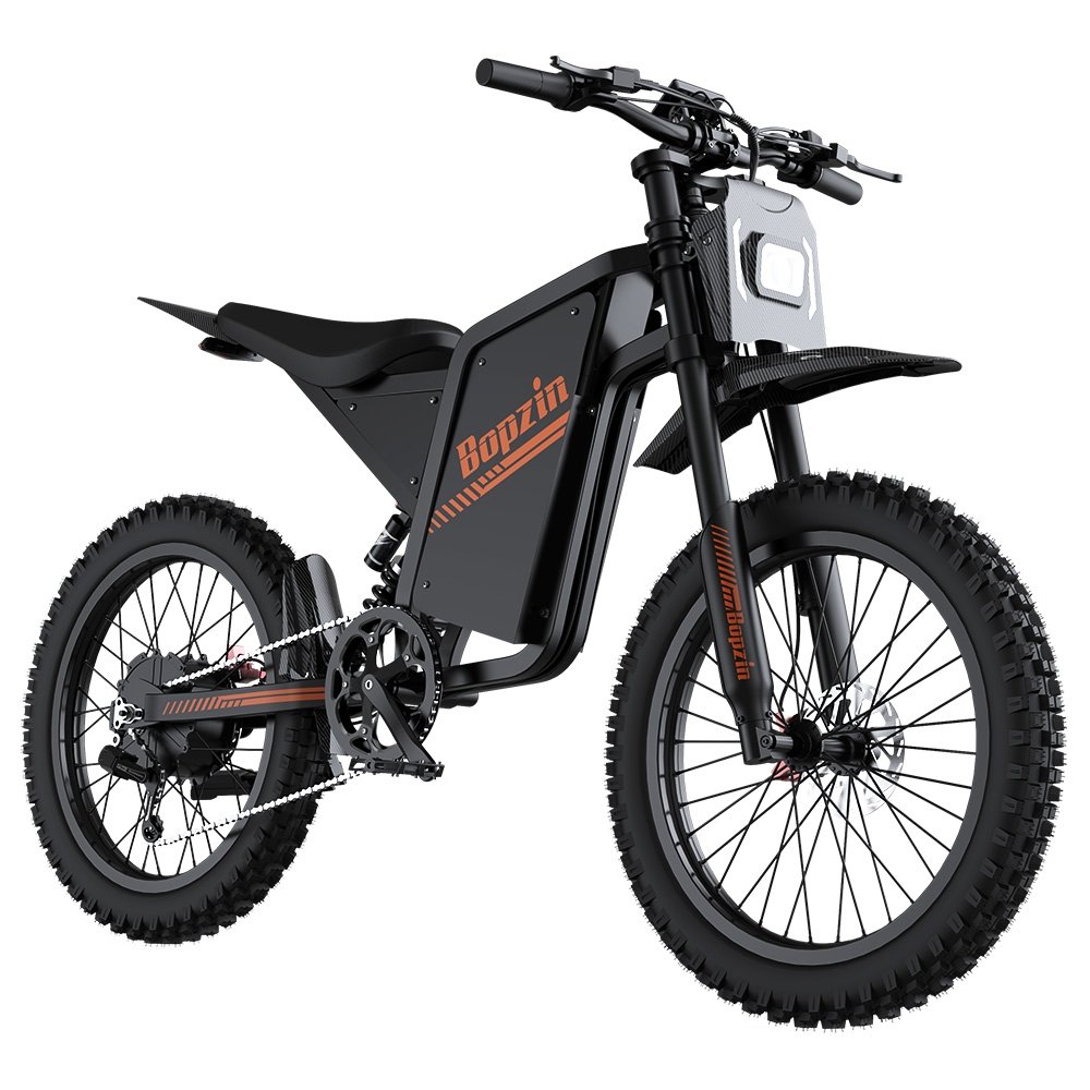 BOPZIN Q8 Electric Dirt Bike 3000W Peak Motor 60V 35Ah Removable Battery Up to 45MPH 68 Miles Max Range 25' Fat Tires Dua