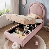 Łóżka dla dzieci i młodzieży - Nowoczesne łóżko dziecięce z praktycznym schowkiem, aksamitne, 90 x 190 cm, stabilny zagłówek i metalowa rama, lite drewno i płyta MDF - bez materaca - miniaturka - grafika 1