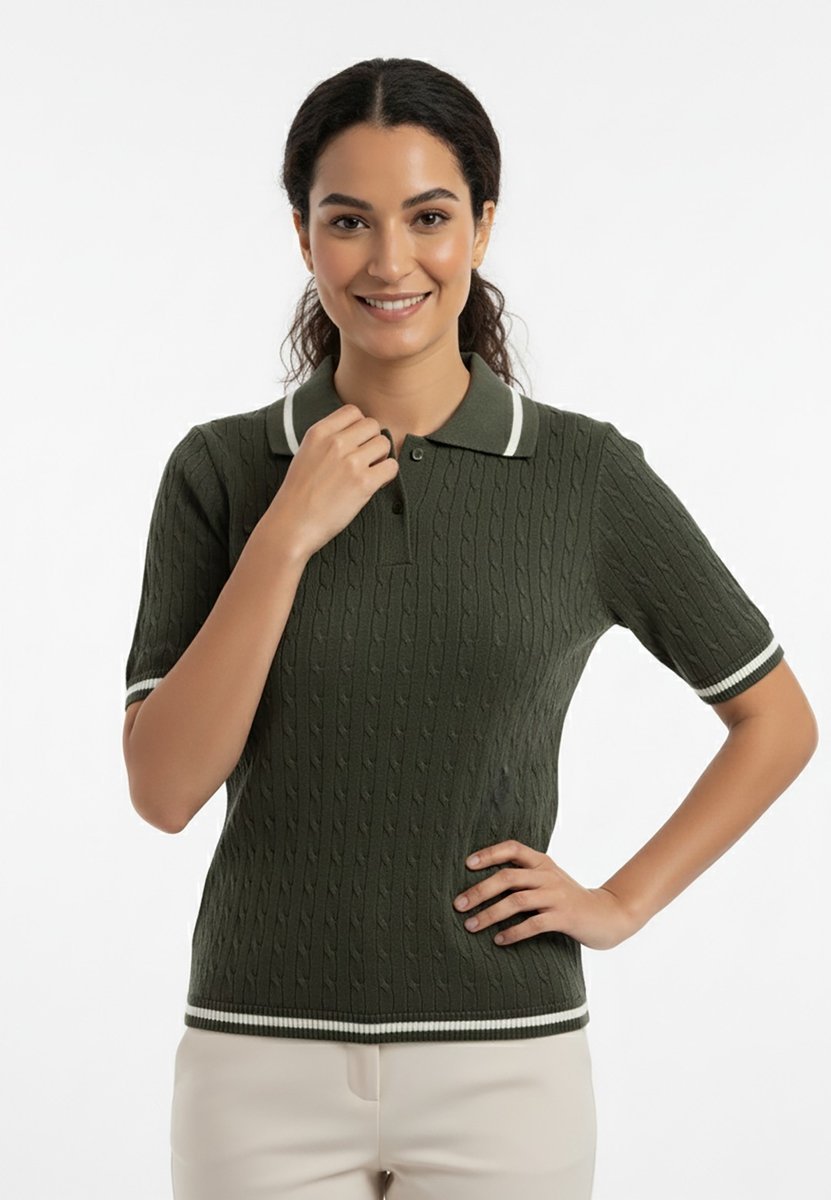 Sweter polo damski z krótkim rękawem na guziki, dzianinowy Regular Fit - M1268, zielony, S