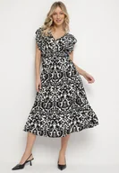 Sukienki - Czarna Bawełniana Sukienka Rozkloszowana z Falbankami w Ornamentalny Wzór Zaliette - miniaturka - grafika 1