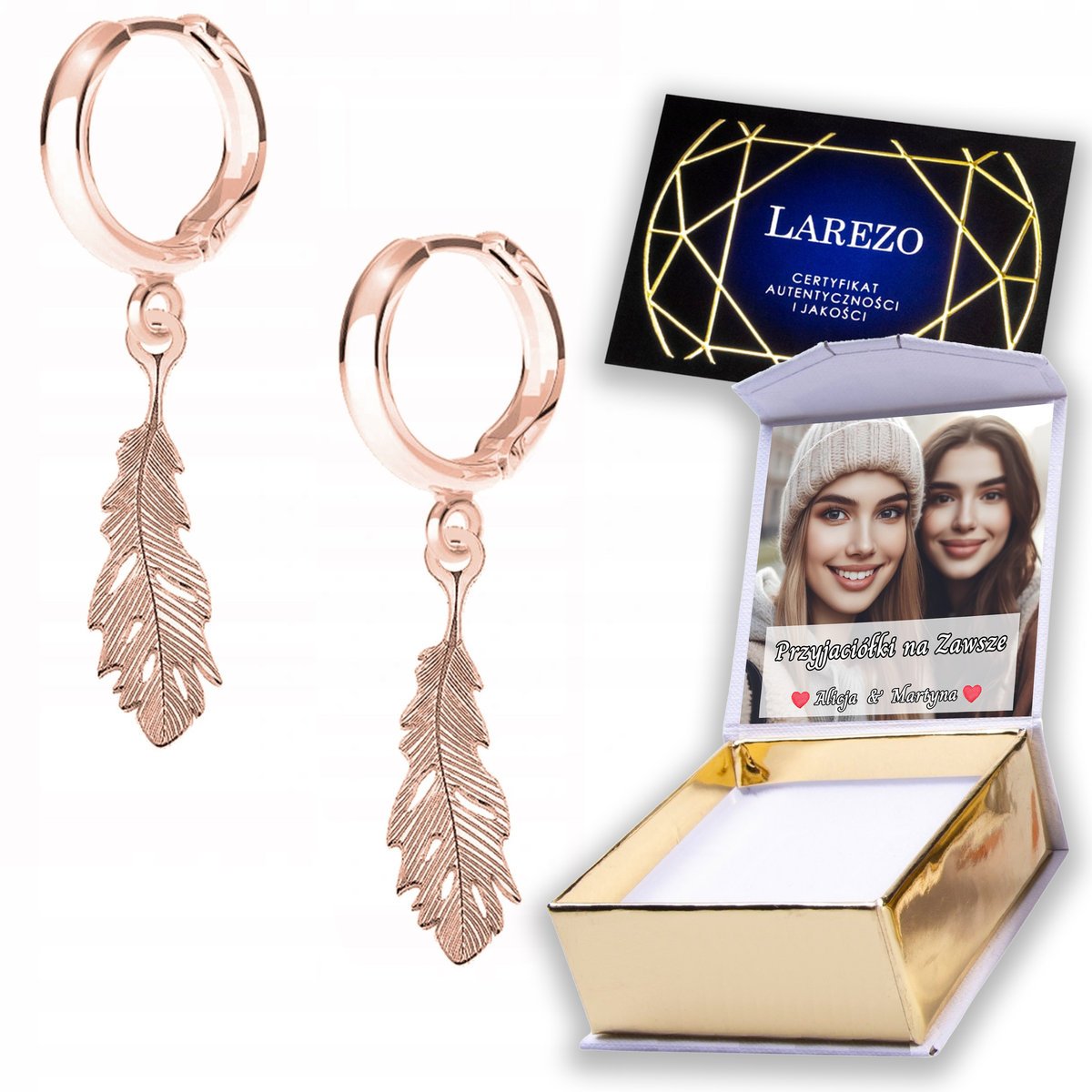 Kolczyki Pozłacane 925 Ozdobne Pióra Piórka z Piórkami Piórem Liście NADRUK