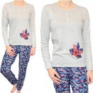 Piżamy damskie - Piżama damska długie spodnie kwiat czerwony długi rękaw szara XL - miniaturka - grafika 1