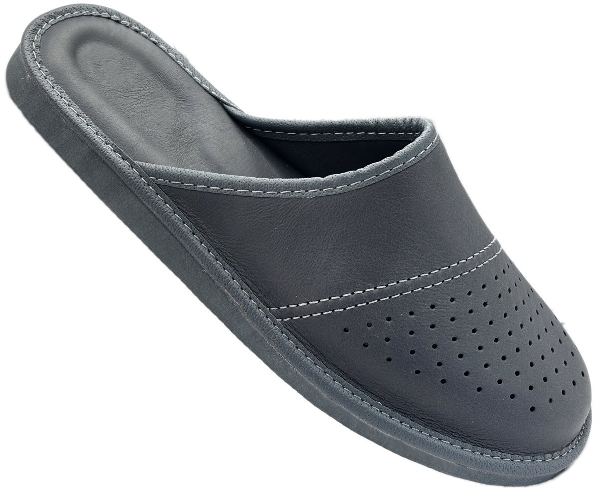 Kapcie Męskie Skórzane Premium Pantofle Klapki PIOMAT Szare Domowe Laczki Ciapy 44 (40-46)