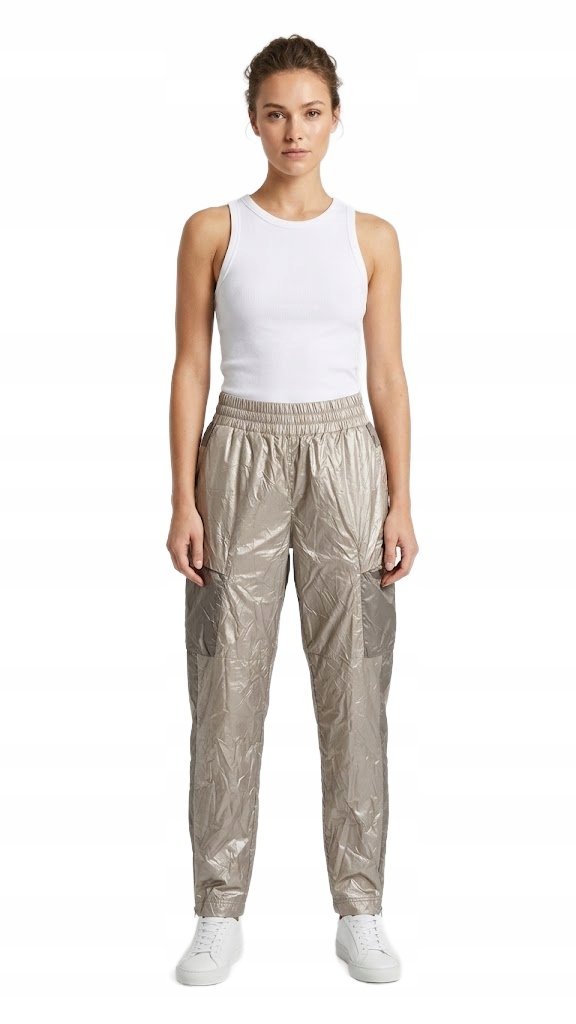 GUESS SPODNIE CASUAL WYGODNE Z LOGO BEŻOWE Z BŁYSZCZĄCYM WYKOŃCZENIEM M G_A