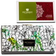 Portfele - Duża portmonetka damska na zatrzask i bigiel PETERSON skóra naturalna lakierowana szary portfel z modnym kwiatowym wzorem pudełko na prezent ochrona.. - miniaturka - grafika 1