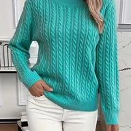Swetry damskie - TEMU Sweter Damski z Dekoltem w Serek - Turkusowa Tekstura Żebrowana, Wszechsezonowy Pulower z Długimi Rękawami, Miękka Tkanina na Codzienne i - miniaturka - grafika 1