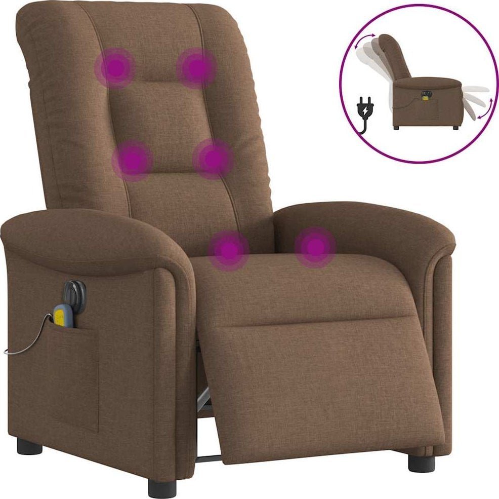 Rozkładany fotel masujący, elektryczny, brązowy, tkanina