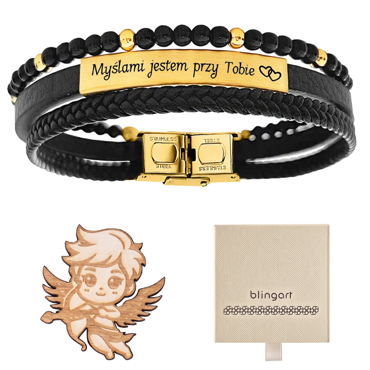BRANSOLETKA męska Z GRAWEREM i złoto czarnymi kora