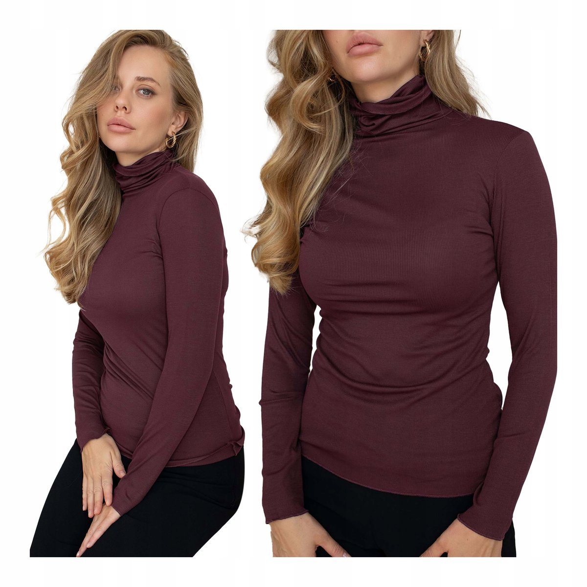 Golf damski z kaszmiru śliwkowy cienki modal bluzka z golfem basic Kleo XL