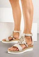 Sandały damskie - Beżowe Sandały na Niskim Koturnie z Ozdobną Cholewką Viessen - miniaturka - grafika 1