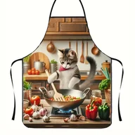 Inne - TEMU 1 szt. Kuchenny koci apron z kreskówką, styl casual, 100% poliester, tkanina nie rozciągająca, , 150g/m², detal wiązania, luźny krój, kuchenny - miniaturka - grafika 1