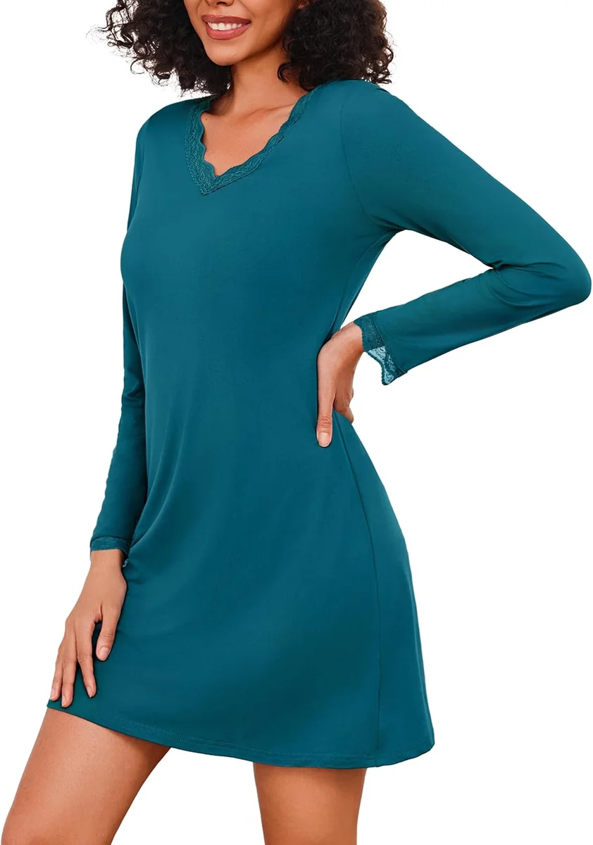 RĘKAW KOSZULA NOCNA BAWEŁNIANA KORONKOWA DEKOLT V-NECK DŁUGI KOMFORT
