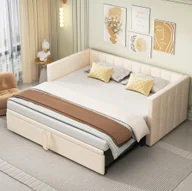 Łóżka dla dzieci i młodzieży - Łóżko rozkładane Merax 90x200cm/180x200cm, rozkładana sofa z listwowym stelażem i podłokietnikami, łóżko tapicerowane aksamitem, rozkładana sofa dla dzieci, beżowa - miniaturka - grafika 1