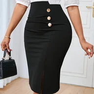 Spódnice - TEMU Spódnica Asymetryczna Elegancka A-Line z Zapięciem na Guziki - Czarna, Uniwersalna Spódnia do Biura i Na Co Dzień, Profesjonalna i Casualowa, - miniaturka - grafika 1