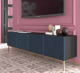 Szafka pod TV RAVENNA F 200 cm 4D rama CZARNY MAT / CIEMNY NIEBIESKI Lowboard z metalowymi nóżkami GRANAT Szafka pod TV stojąca Nowoczesna szafka pod TV Loft - Szafki RTV - miniaturka - grafika 1