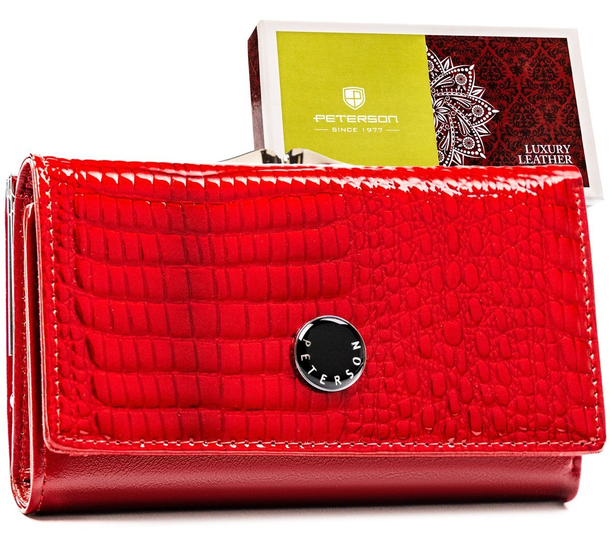 Lakierowany portfel damski na zatrzask i bigiel PETERSON skórzany rfid stop rozbudowany na karty czerwony