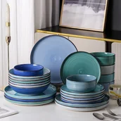 Inne - TEMU 24-częściowy zestaw obiadowy, ręcznie malowane niebieskie zawirowania, zastawa obiadowa dla 6 osób, 24-częściowy zestaw talerzy i misek, w tym - miniaturka - grafika 1