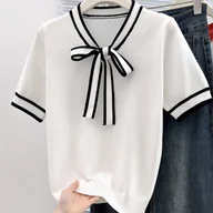 Swetry damskie - TEMU kolorowa koszulka damska na 2025 z krótkim rękawem w paski, dekoltem w serek i kokardą - miniaturka - grafika 1