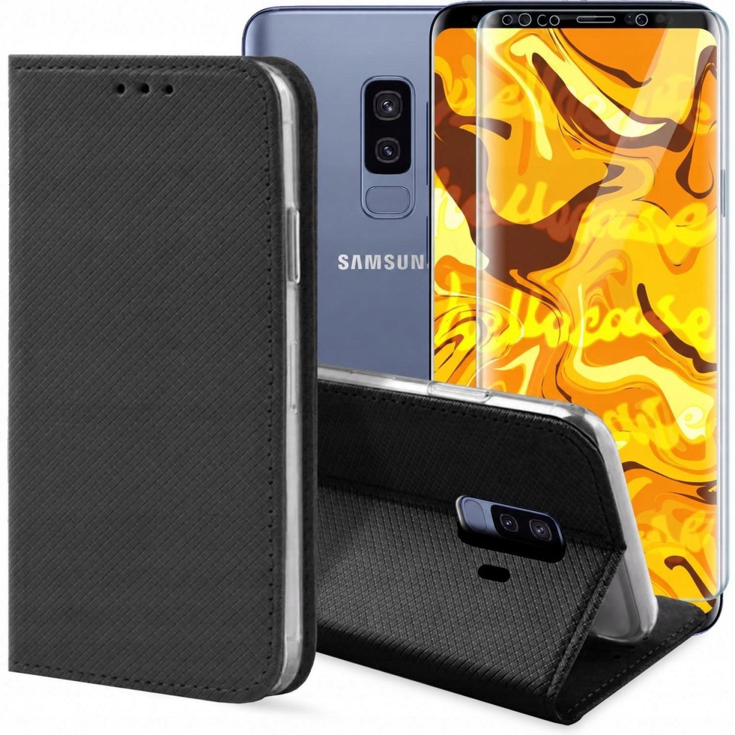 Hello Case Etui z Klapką Do Samsung Galaxy S9 Plus Czarne, Zamykane, Kabura Szkło BNDL0496