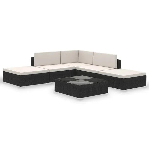 Rattanowy zestaw mebli ogrodowych, czarny, kremowe poduszki 6 cm