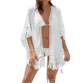 Sukienki - Pareo Sukienka Plażowa Krótka Tunika Na Strój Kąpielowy Biała BOHO Wiązana - miniaturka - grafika 1