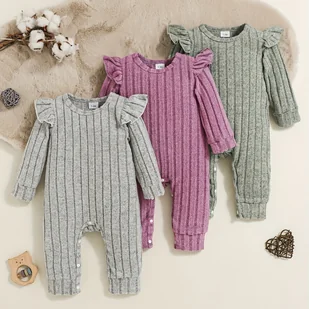 TEMU 3 szt. zestaw dla dziewczynek na jesień i zimę w kolorach różowym, fioletowym, szarym i zielonym – długi rękaw z okrągłym dekoltem i guzikami, - Pajacyki dla niemowląt - miniaturka - grafika 1