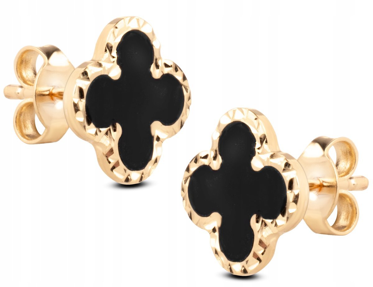 ZŁOTE DIAMENTOWANE KOLCZYKI DIAMENTOWANE KONICZYNKI Z ONYKSAMI 14KT 585