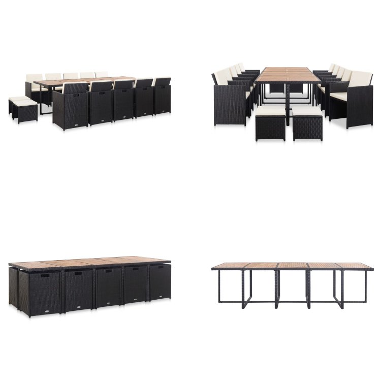 vidaXL 15-częściowy ogrodowy zestaw jadalniany z poduszkami z czarnego rattanu - Zestaw mebli ogrodowych - Zestawy mebli ogrodowych - Stół ogrodowy - Stoły ogrodowe