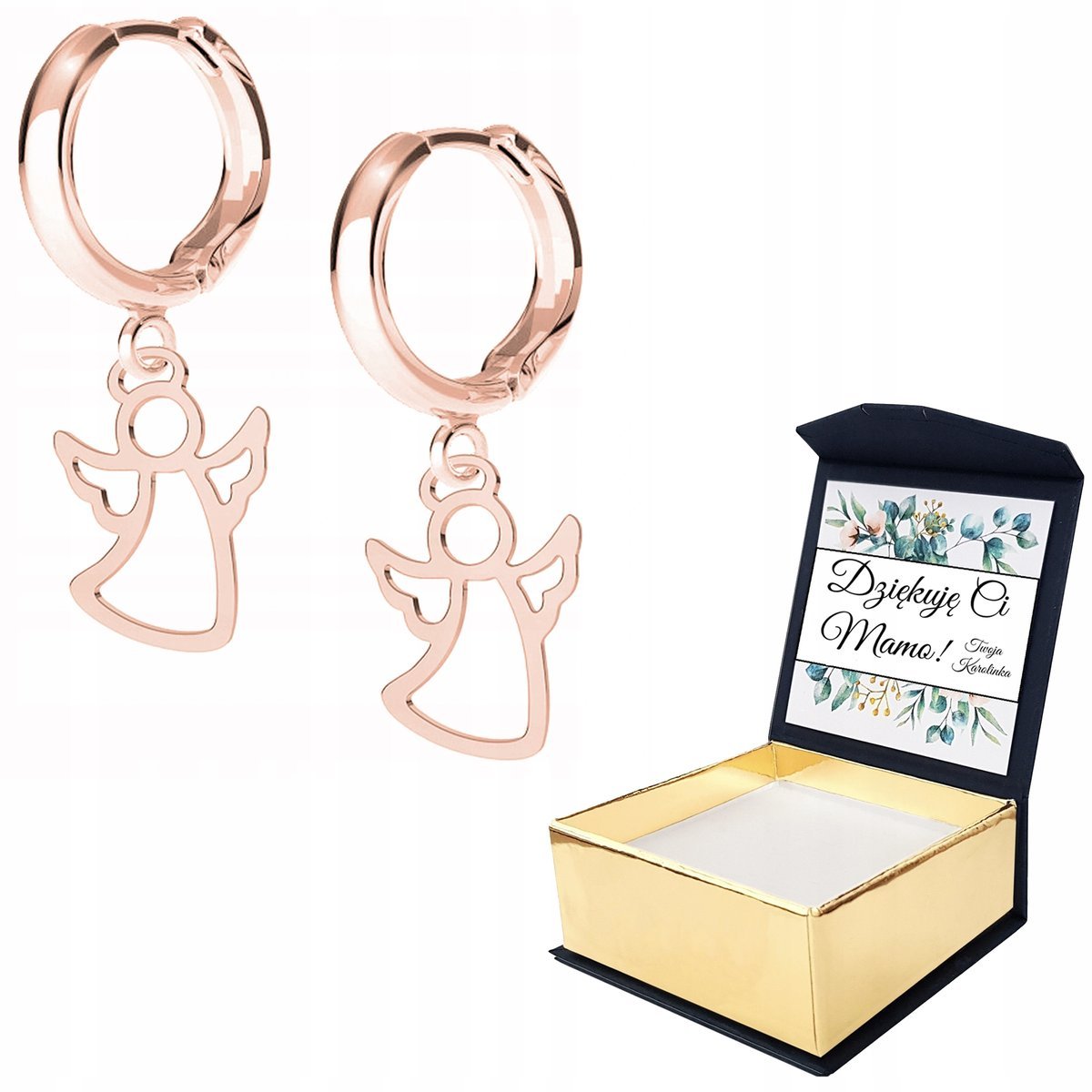 Kolczyki różowe złoto Aniołek 925 + WŁASNY NADRUK