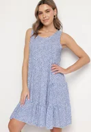 Sukienki - Niebieska Rozkloszowana Bawełniana Sukienka z Falbanami w Kwiaty Zeolane - miniaturka - grafika 1