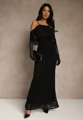 Sukienki - Czarna Sukienka o Asymetrycznym Kroju Ozdobiona Falbaną Owedia - Renee - miniaturka - grafika 1