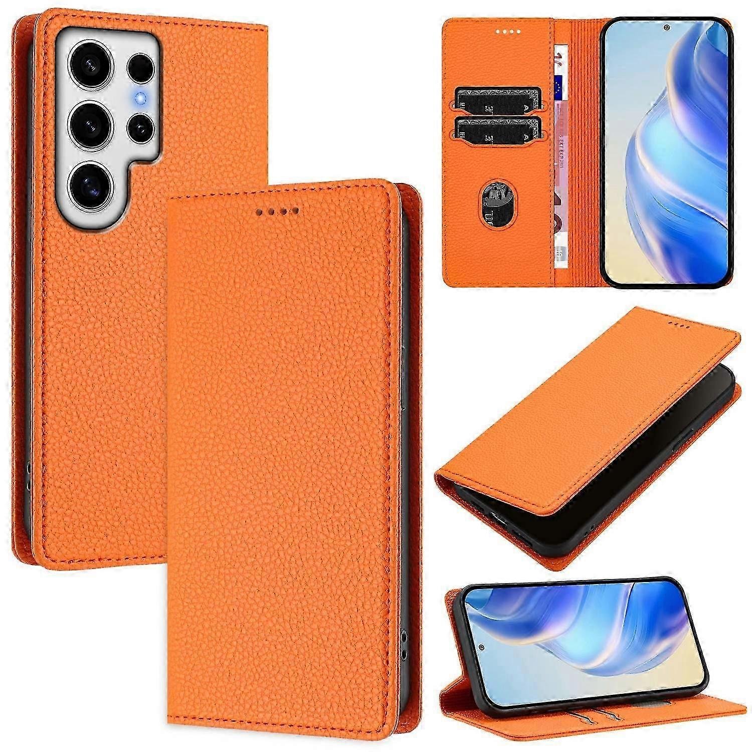 Dla Samsung Galaxy S24 Ultra Etui z portfelem Rfid Blokujące Litchi Tekstura Skórzany pokrowiec na telefon - pomarańczowy