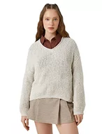 Swetry damskie - Koton Damski sweter z dzianiny z dekoltem w serek, długi rękaw, beżowy (057), M - miniaturka - grafika 1