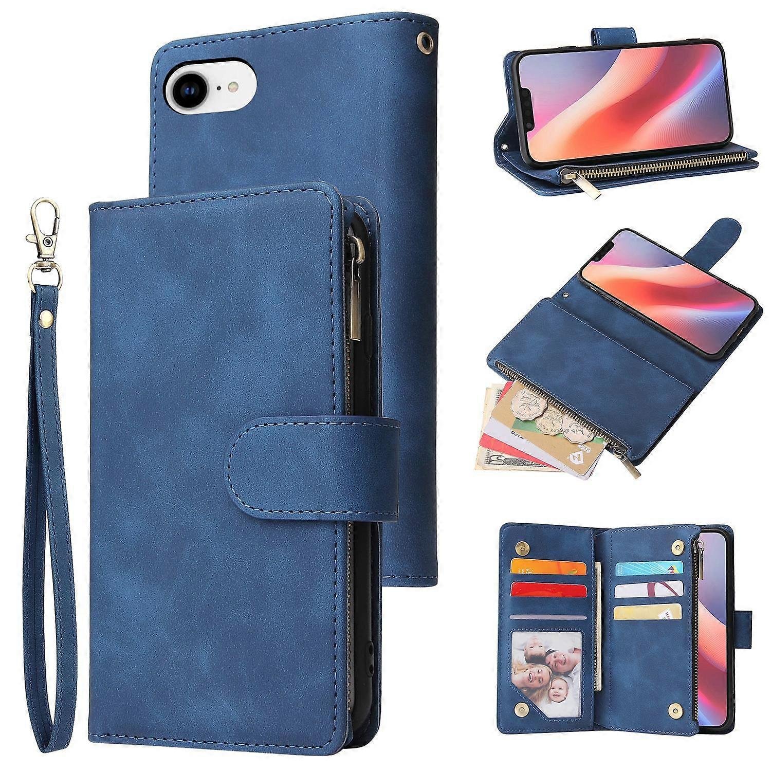Do iPhone'a 16e Etui Zipper Portfel Wiele miejsc na karty Skórzany pokrowiec na telefon Niebieski Blue