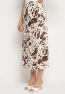 Spódnice - Brązowa Trapezowa Satynowa Spódnica w Łaty Ralenira - miniaturka - grafika 1