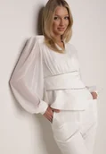 Bluzki damskie - Biała Bluzka Kopertowa VICES z Dekoltem V Bufiastymi Rękawkami i Zaakcentowanymi Ramionami Tine - miniaturka - grafika 1