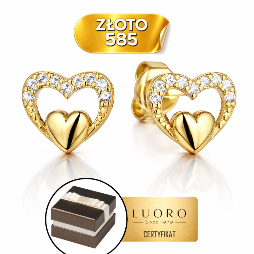 KOLCZYKI ZŁOTE 585 14K SERCE Z CYRKONIĄ 8 MM SZTYFT ELEGANCKIE