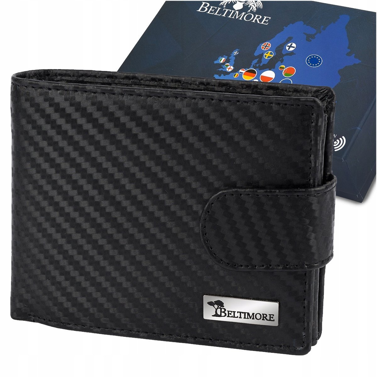 Męski portfel skórzany klasyczny RFiD duży czarny carbon premium Beltimore