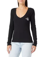 Bluzki damskie - Calvin Klein Jeans Damska dzianinowa bluzka z dekoltem w serek Monologo z długim rękawem L/S, Czarny, XXL - miniaturka - grafika 1