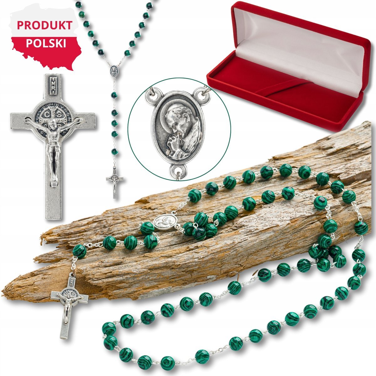 Różaniec Z Kamieni Naturalnych Malachit 8mm – Ręcznie Składany W Polsce, Posrebrzane Elementy Włoskie, Krzyż Św. Benedykta, Prezent Dla Osoby Wierzą..