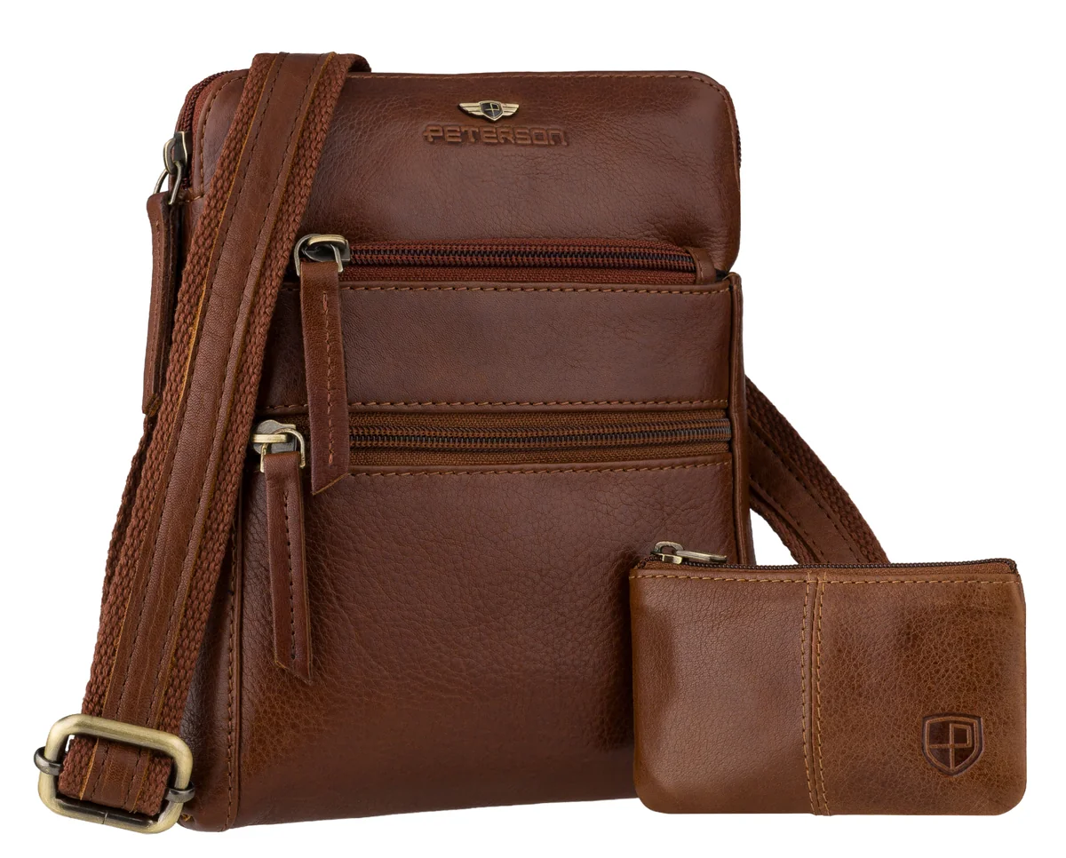 Brązowa listonoszka męska PETERSON skórzana na ramię elegancka saszetka z etui na klucze