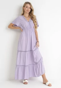 Fioletowa Sukienka Maxi z Gumką w Pasie i Koronkowymi Wstawkami Anandia - Sukienki - miniaturka - grafika 1