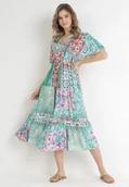 Sukienki - Miętowo-Różowa Kwiecista Sukienka Midi z Gumką w Talii z Falbanką z Wiskozy Jazaria - miniaturka - grafika 1