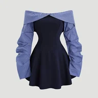 Sukienki - TEMU Elegancka Długa Sukienka z Odkrytymi Ramionami dla Kobiet - Kolorowy Blok, Marszczony Pas, Długi Rękaw, A-Linia, Rozkloszowany Dołek, Idealna na - miniaturka - grafika 1