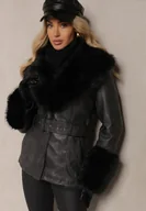 Kurtki damskie - Czarna Ekoskórzana Kurtka Zdobiona Futerkowymi Obszyciami z Paskiem w Talii Etindra - miniaturka - grafika 1