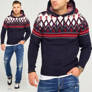 Sweter Męski Bluza z Kapturem Wzór Norweski - Swetry męskie - miniaturka - grafika 1